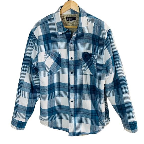 Caliville Size L Men's Plaid Flannel Shirt Jacket Shacket Blue Sherpa Lined - Picture 1 of 11